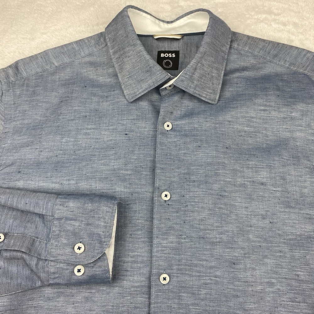 BOSS Shirt Mens Large Blue w/ White Flip Cuffs Slim Fit Organic Cotton